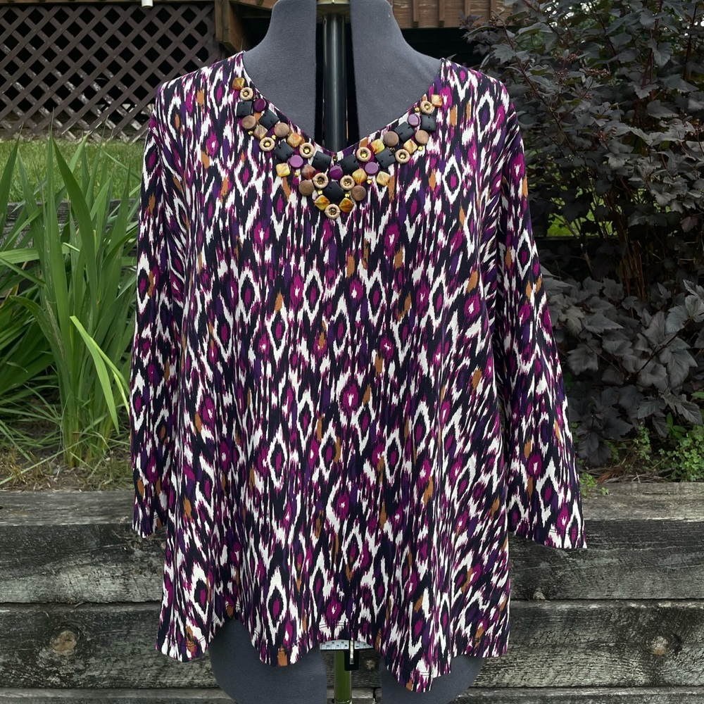 Ruby Rd Size 3X Purple Patterned Blouse w/ Detailed Neckline